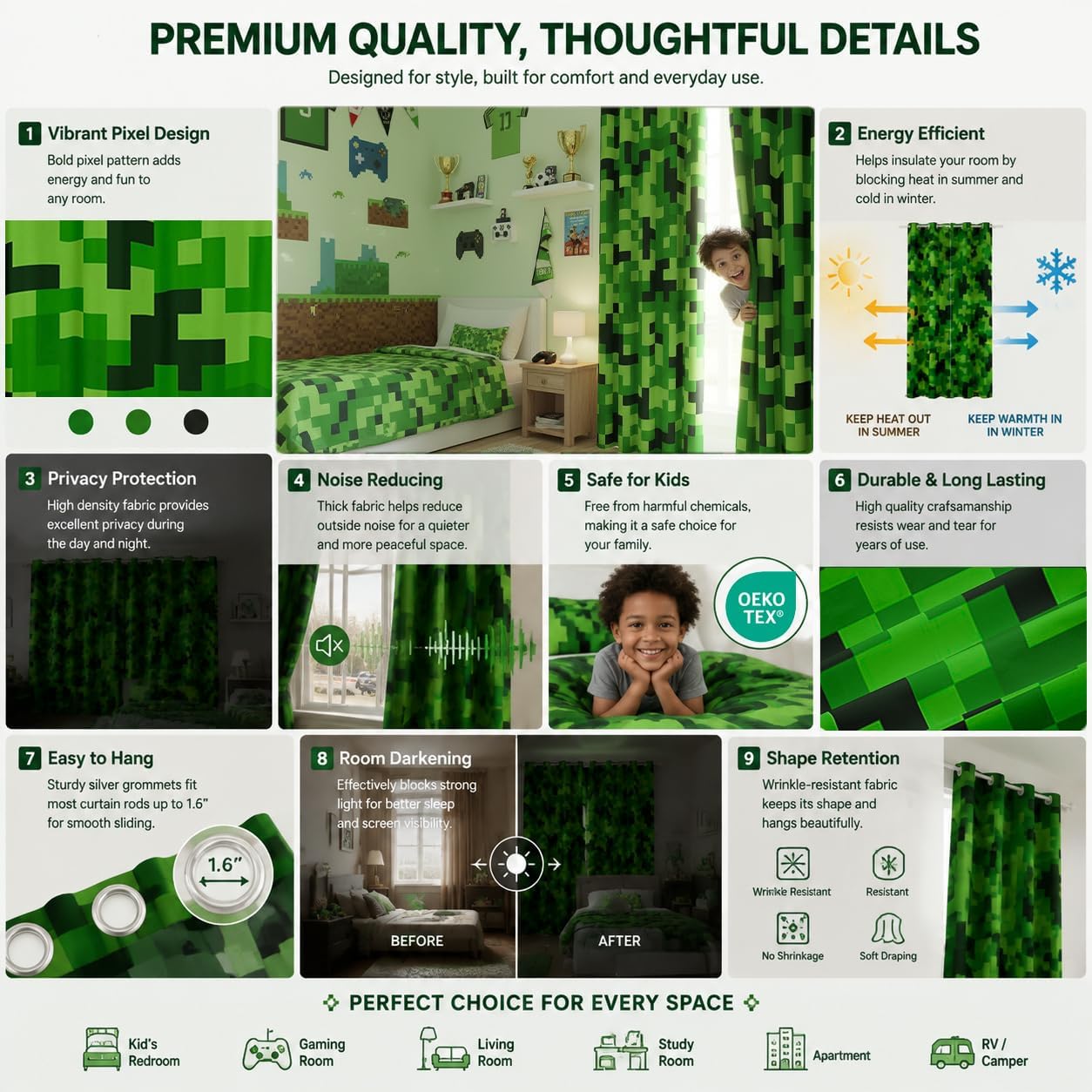 Green Pixelated Miners Curtains for Boys Kid Teens Bedroom Decor,Video Games Window Curtain,Cartoon Gamepad Blackout Window Treatment Curtain Modern Geometric Check Window Drapes,2 Panels,42Wx90L