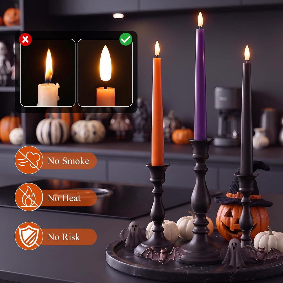 Halloween Decor Indoor, Halloween Decorations, Flameless Taper Candles, 6Pc