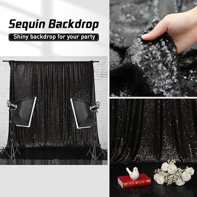 Eternal Beauty Black Sequin Backdrop, 8x10 Ft Halloween Glitter Background Cu...