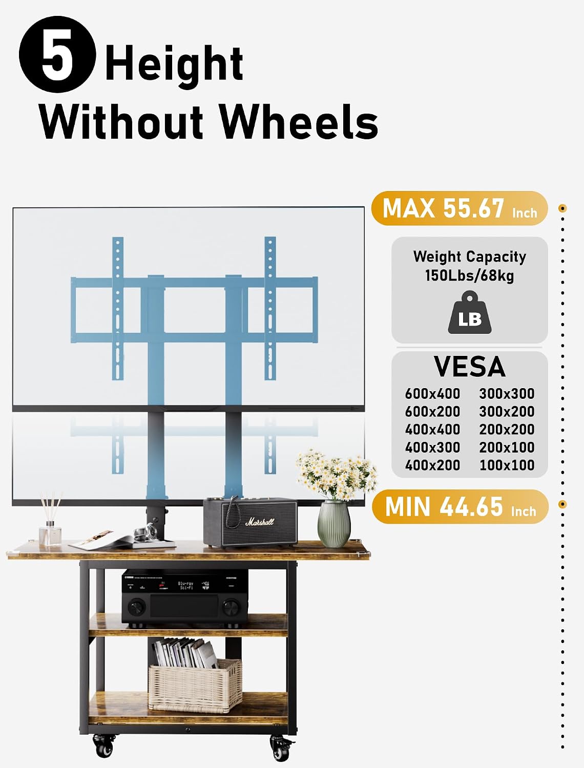 Heavy Duty Mobile TV Cart with 3-Tier Shelves, Height Adjustable Rolling TV S...