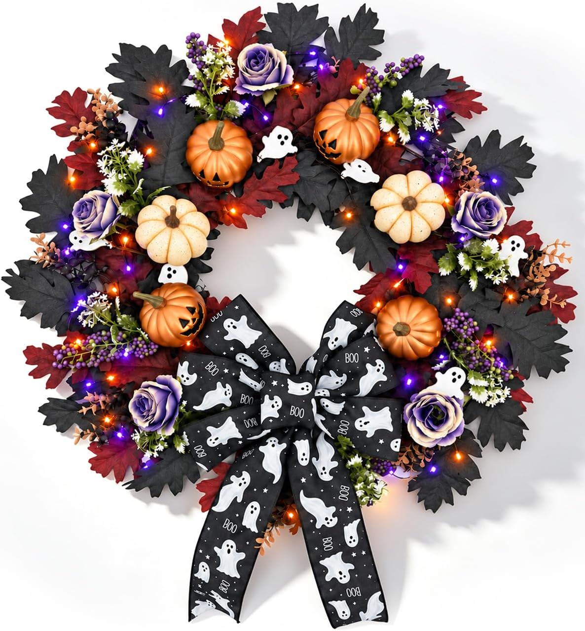 22'' Halloween Wreath for Front Door with Orange, Purple Light