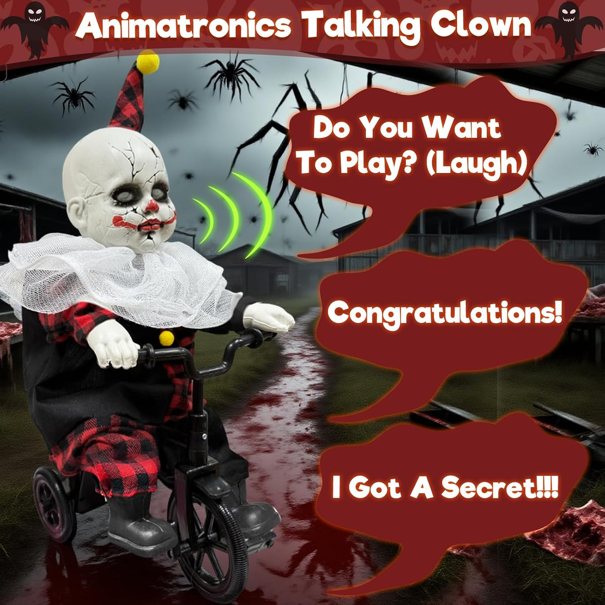 Halloween Animatronic 15.5โ Clown Ride on Bicycle Moving Back and Forth