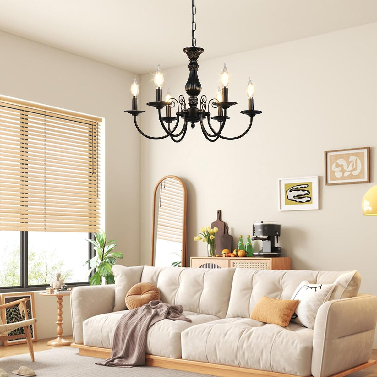 6-Light Farmhouse Chandelier for Dinning Room,Vintage Black Candle Hanging Pe...
