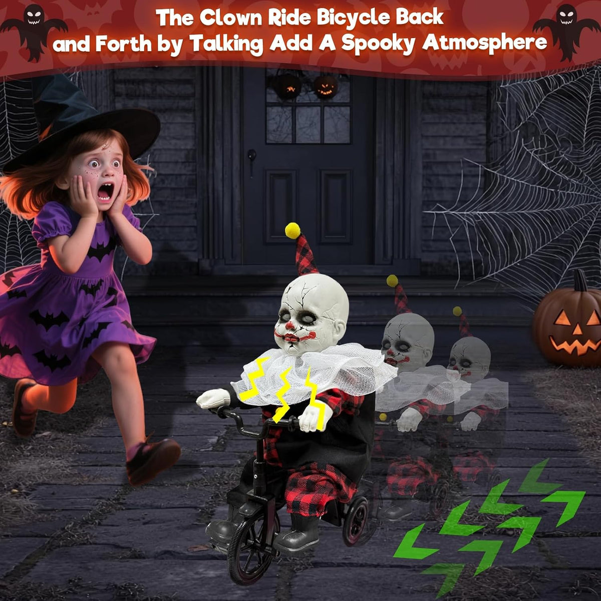 Halloween Animatronic 15.5โ Clown Ride on Bicycle Moving Back and Forth