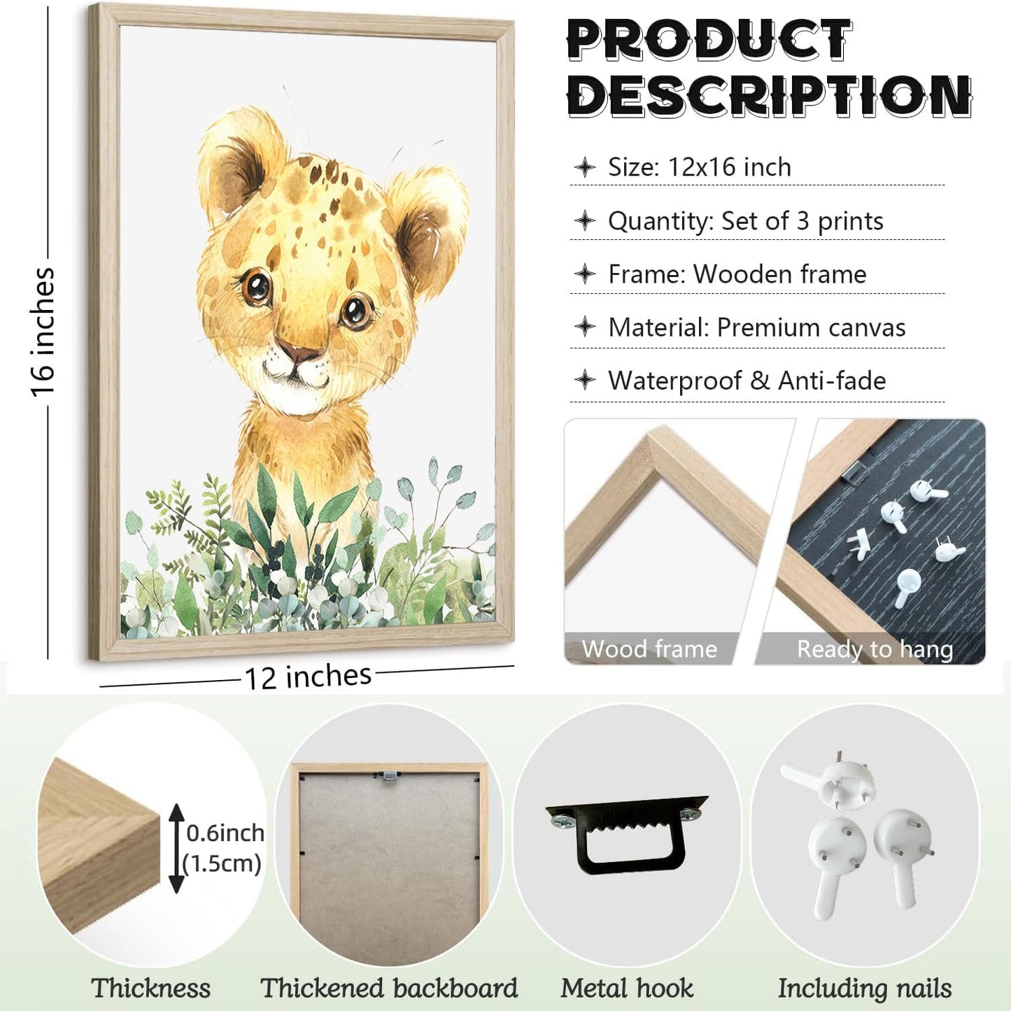 Baby Safari Nursery Wall Decor - Set of 3 Pictures Cute Animal Wall Prints on Canvas Jungle Nursery Safari Decor gifts for Baby Boys and Girls Room, Framed Wall Art (Framed 12 x16in)