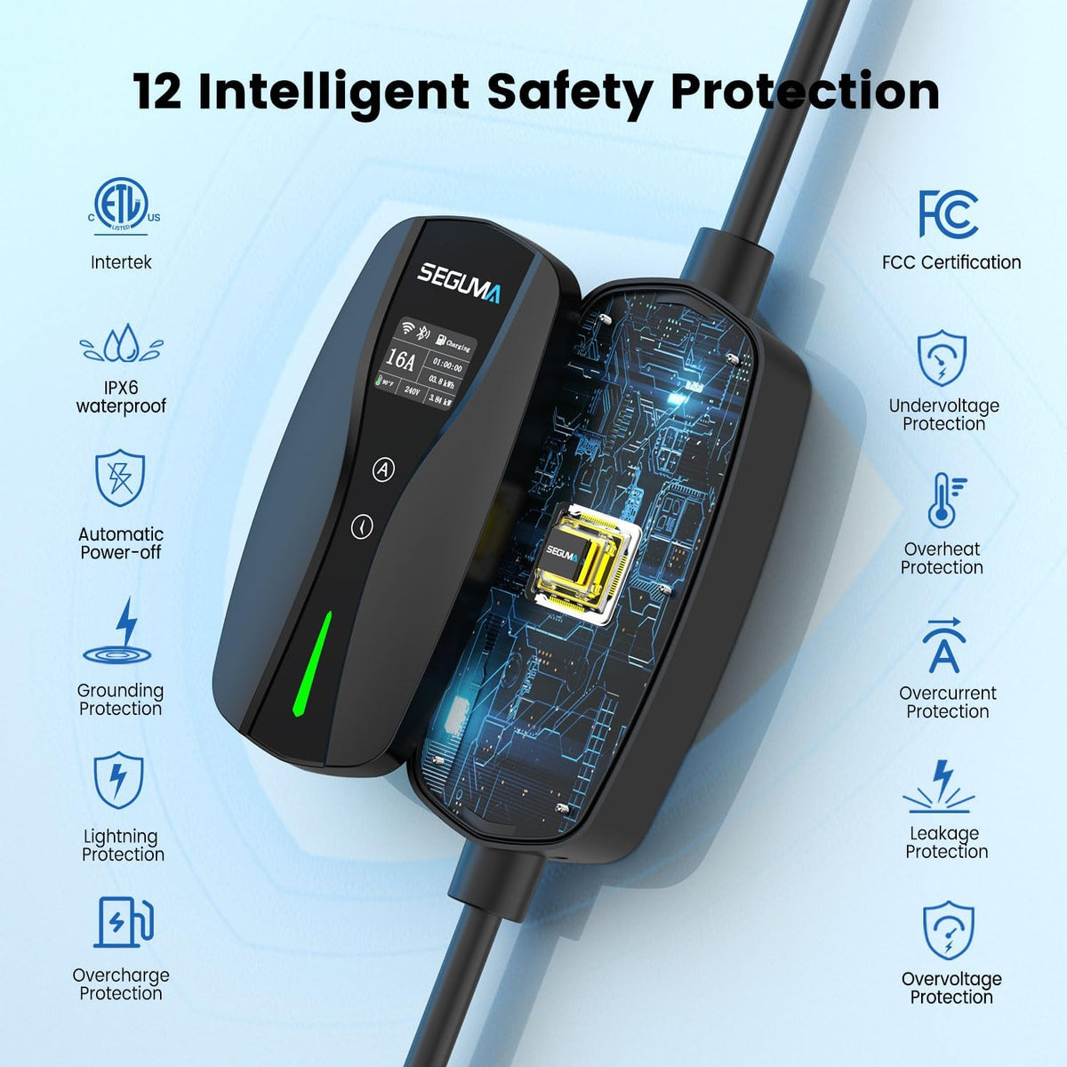 SEGUMA 16A Level 1/2 EV Charger Wi-Fi/App ETL Certified for J1772 BEV/PHEVs