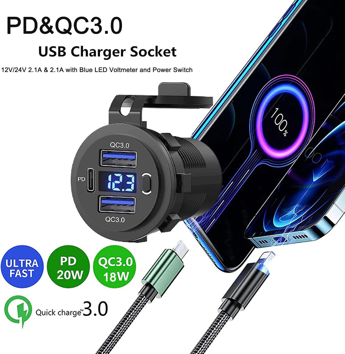 5 Pack 12V USB Outlet, QC3.0 & PD Dual Car Charger with Voltmeter & S...
