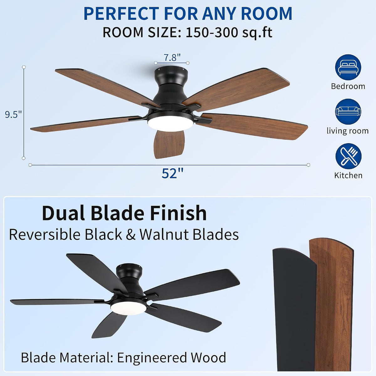 NKPU Ceiling Fans with Lights, Low Profile Ceiling Fan with Light and Remote/...