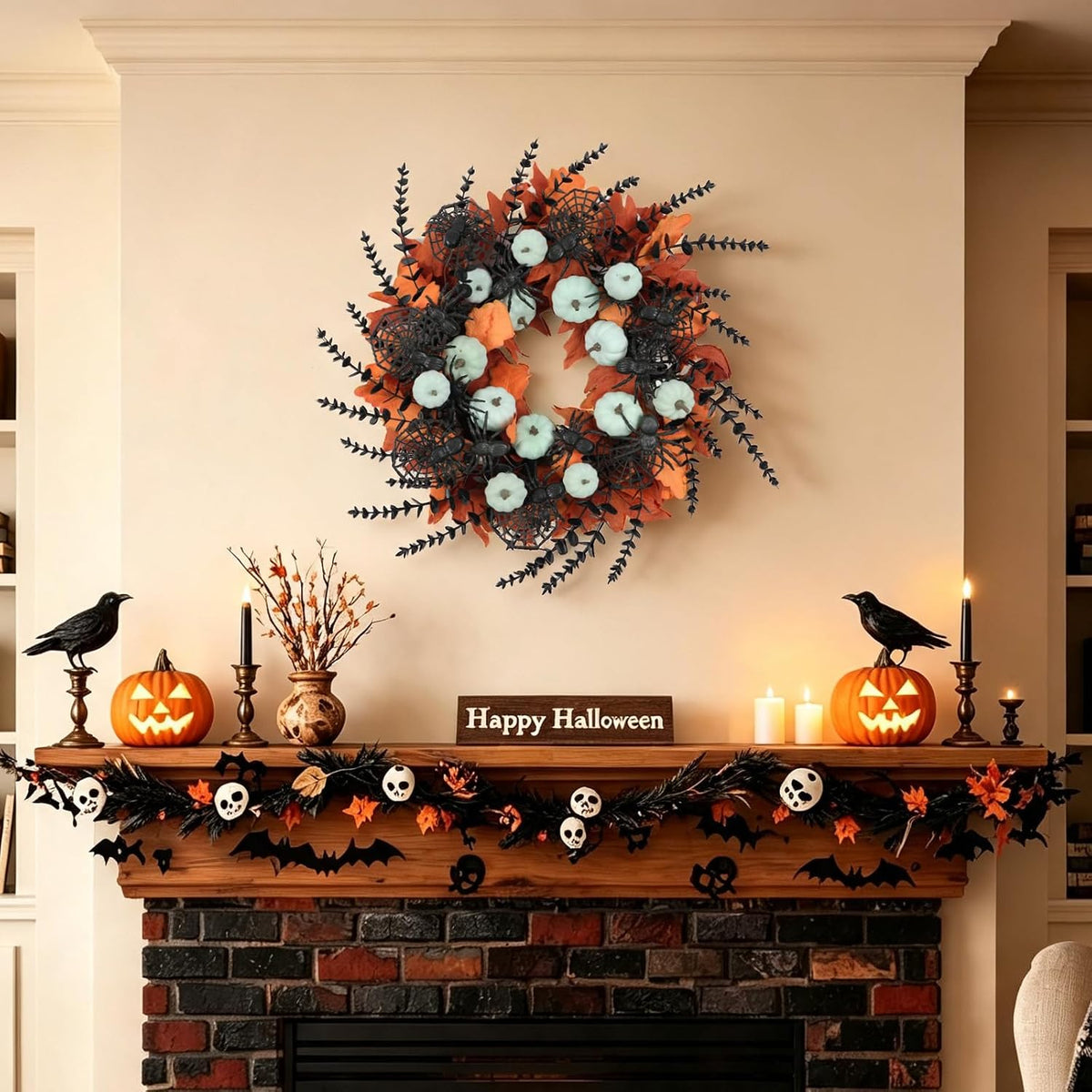Idyllic 24" Halloween Wreath Pumpkins Maple Black Spiders for Front Door