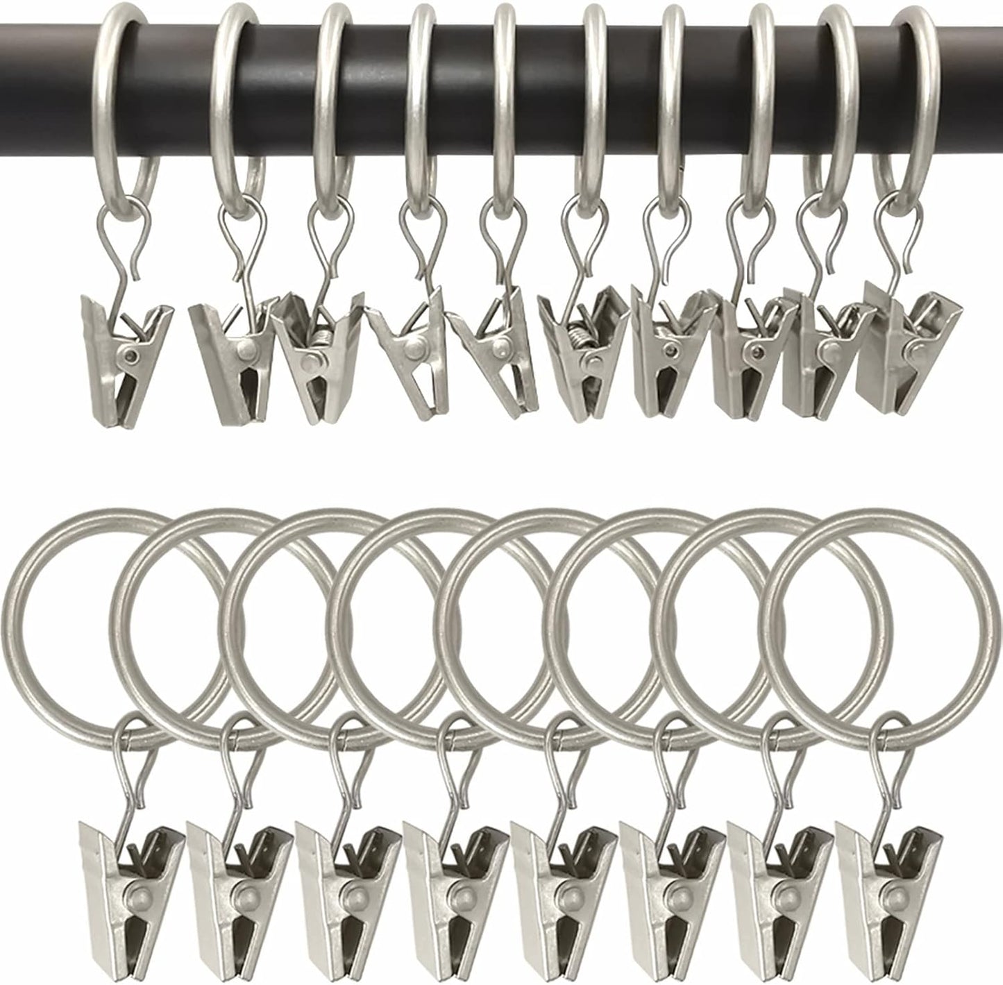 WeeksEight 44 Pack Matte Silver Curtain Rings with Clips, Curtain Hooks Hangers Clip Rings for Hanging Drapes Bows Hat, Drapery Rings 1 in I D, Fits up to 5/8 in Diameter Curtain Rod.