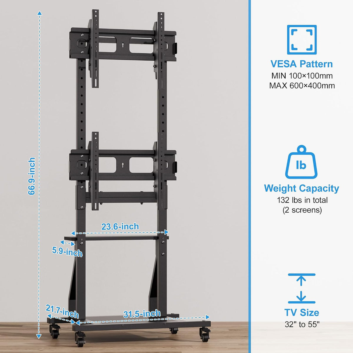 Rolling Dual TV Stand, Mobile TV Cart for Two 32-55 inch TVs