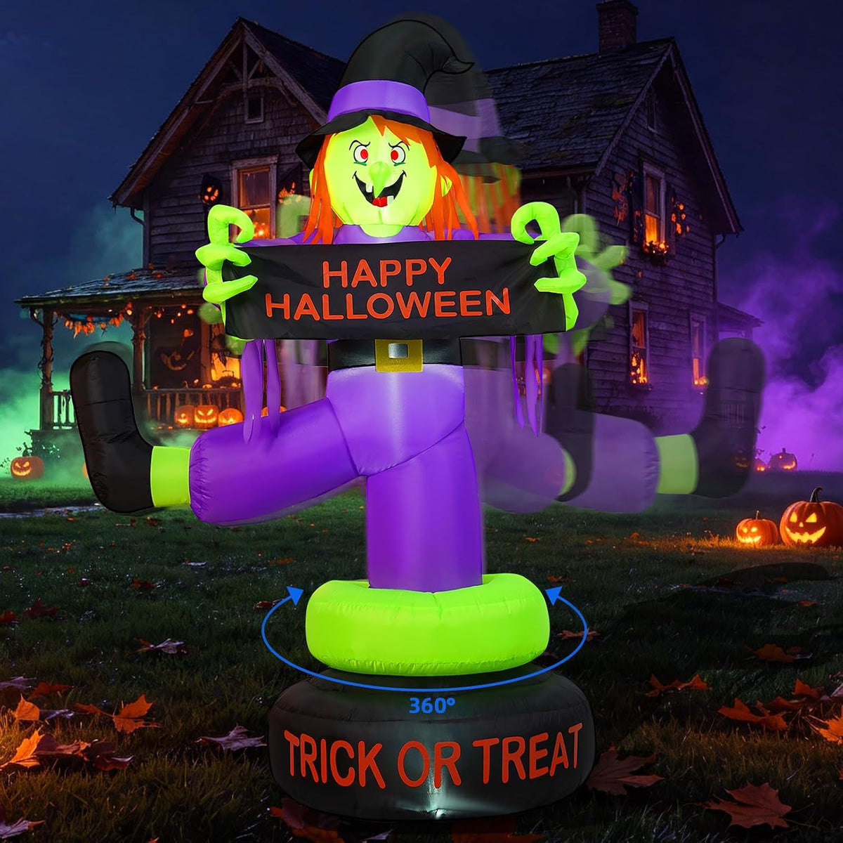 6FT Rotating Halloween Inflatables Outdoor Witch, 360ยฐ Swivel Base Lighted wi...