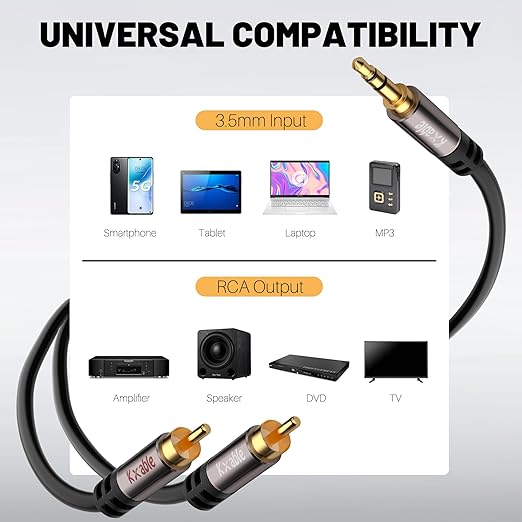3.5mm to RCA Cable 15FT, 2 Male RCA to Aux Stereo Audio Adapter, Hi-Fi Sound - Image 6