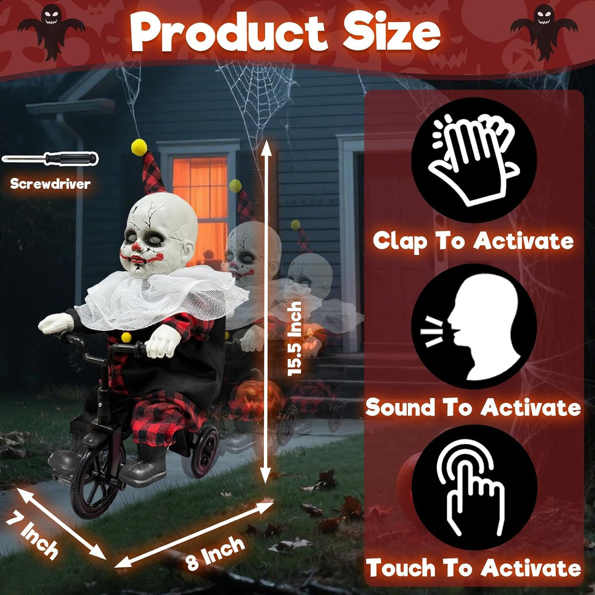 Halloween Animatronic 15.5โ Clown Ride on Bicycle Moving Back and Forth