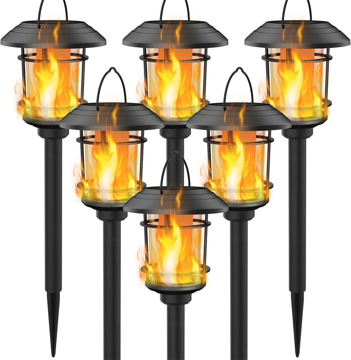Dynaming 6 Pack Solar Flame Torch Lights Outdoor, Halloween Dual Use Flickering Flame Garden Light, Christmas Hanging Lanterns, Auto On/Off & Waterproof Lighting for Lawn Patio Yard Walkway Driveway