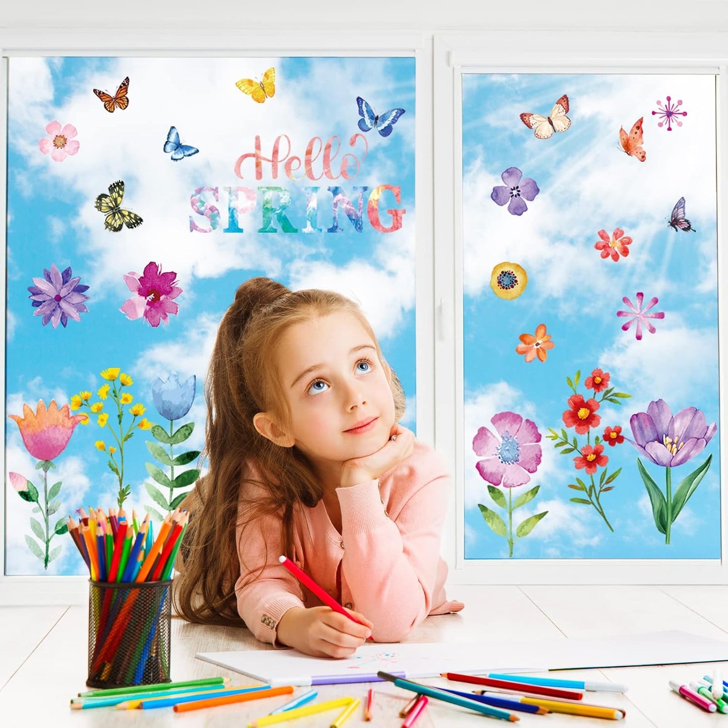 Yexiya 99 Pcs Summer Window Clings Flower Butterfly Window Decals for Glass Colorful PVC Reusable Spring Stickers for Summer Home Classroom Party Kids Room Decor(Cute Style)