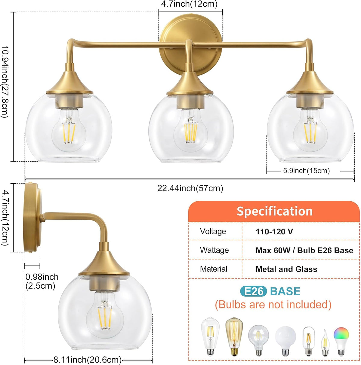 Gold Bathroom Light Fixtures 3-Light Farmhouse Vanity Light 22"