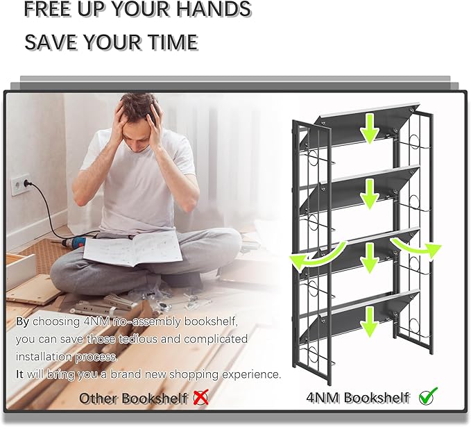 4NM No Assembly 4 Tiers Folding Bookshelf, 47.2" H Foldable Storage Shelves - Image 7
