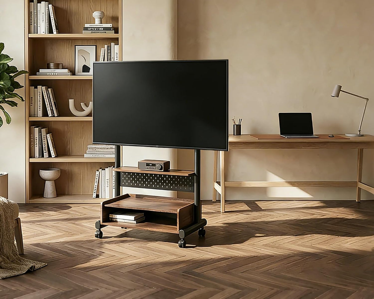 FITUEYES Rolling TV Floor Stand for 40-85in TVs, Height-Adjustable, Walnut
