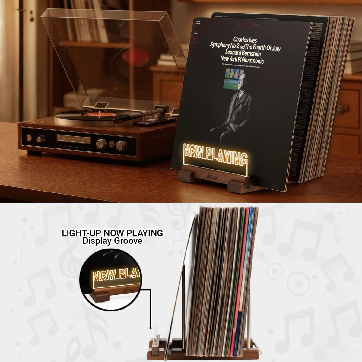 Onmiwod Vinyl Record Holder for 35 LPs, Light Up Now Playing Vinyl Record Sta...