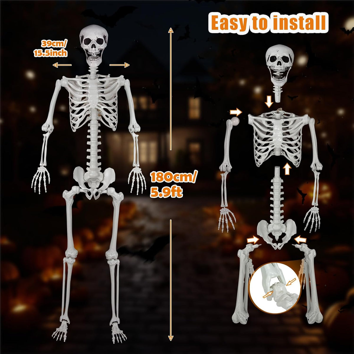 5.9ft/180cm Posable Halloween Skeleton, Life Size Skeleton Bones with Movable...