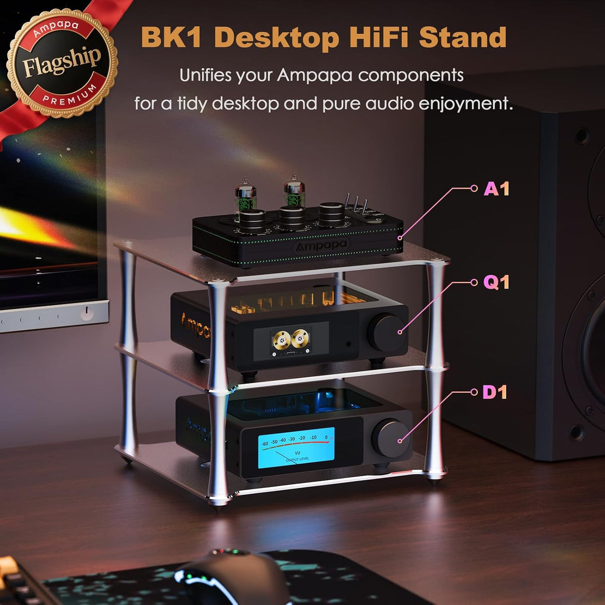 BK1 Desktop HiFi Stand: Aluminum Audio Rack A1 D1 Q1 Amplifier DAC Preamp wit...