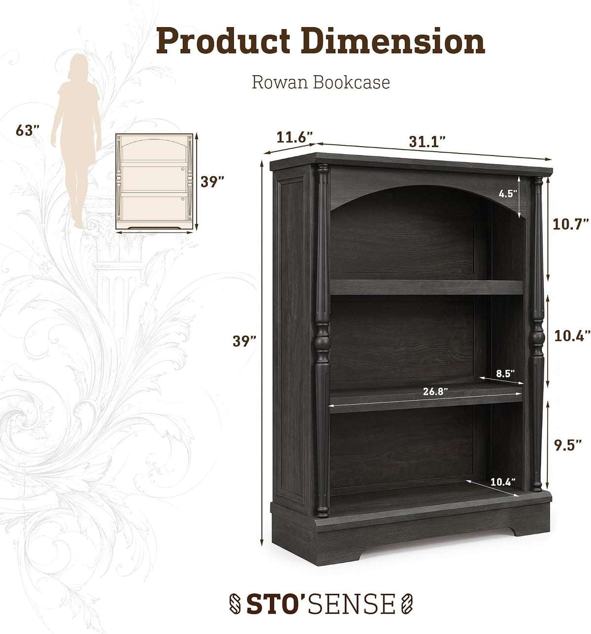 3-Tier Arched Bookcase with LED Lights Set of 2,Farmhouse Bookshelf, Black