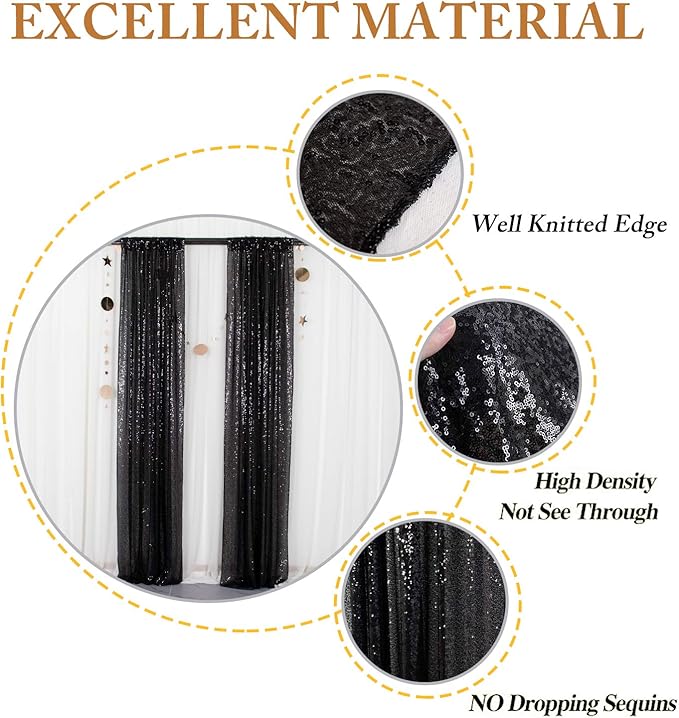 ShinyBeauty Black Sequin Curtains 2FTx8FT 4 Panels | Sparkly Photo Backdrop f...