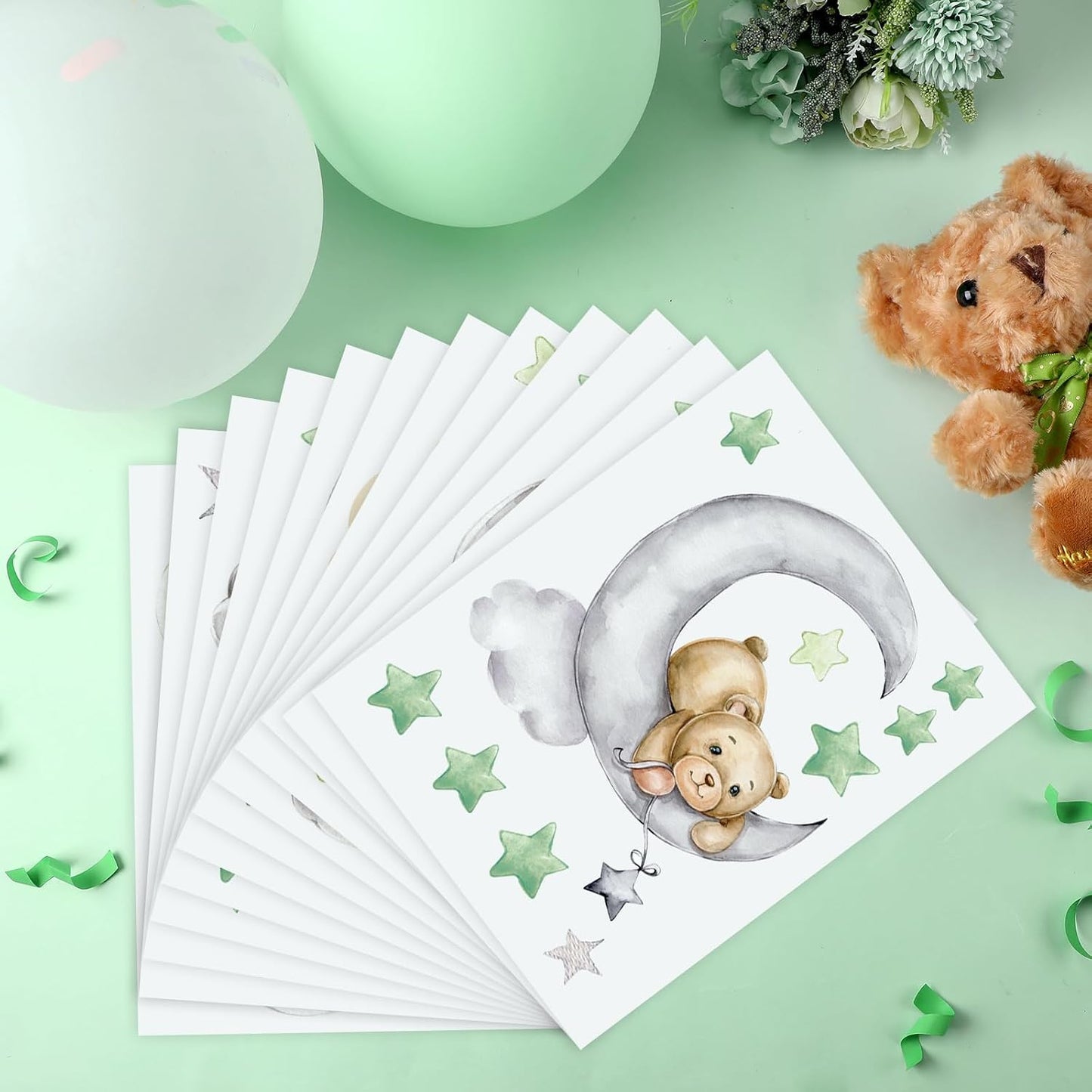 Yinder 12 Sheet 78 Pcs Bear Highland Cow Wall Decals Cute Highland Cow Sticker Nursery Baby Wall Decor for Kids Girls Boys Baby Room Bedroom(Sage Green Bear)