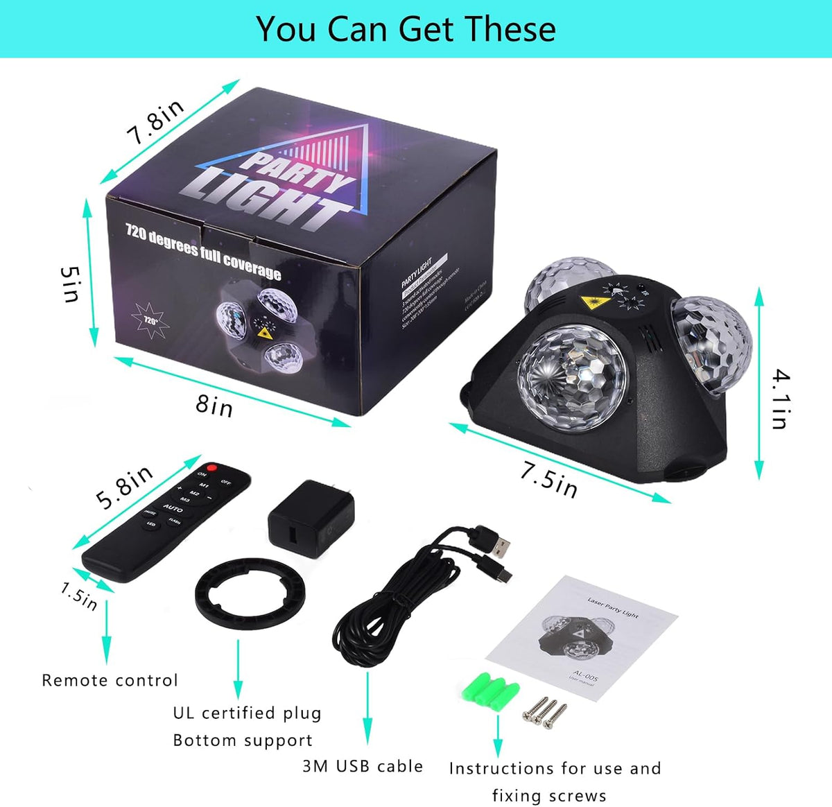 Yinpkteo 4 in 1 Disco Ball DJ Party Lights, 3 RGB Disco Lights+Red and Green ...
