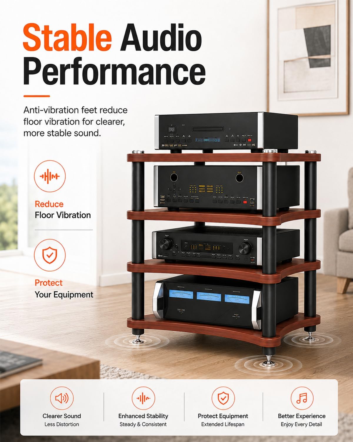 Heavy Duty 4-Tier AV Media Stand, 352 lb Load Capacity, Teak