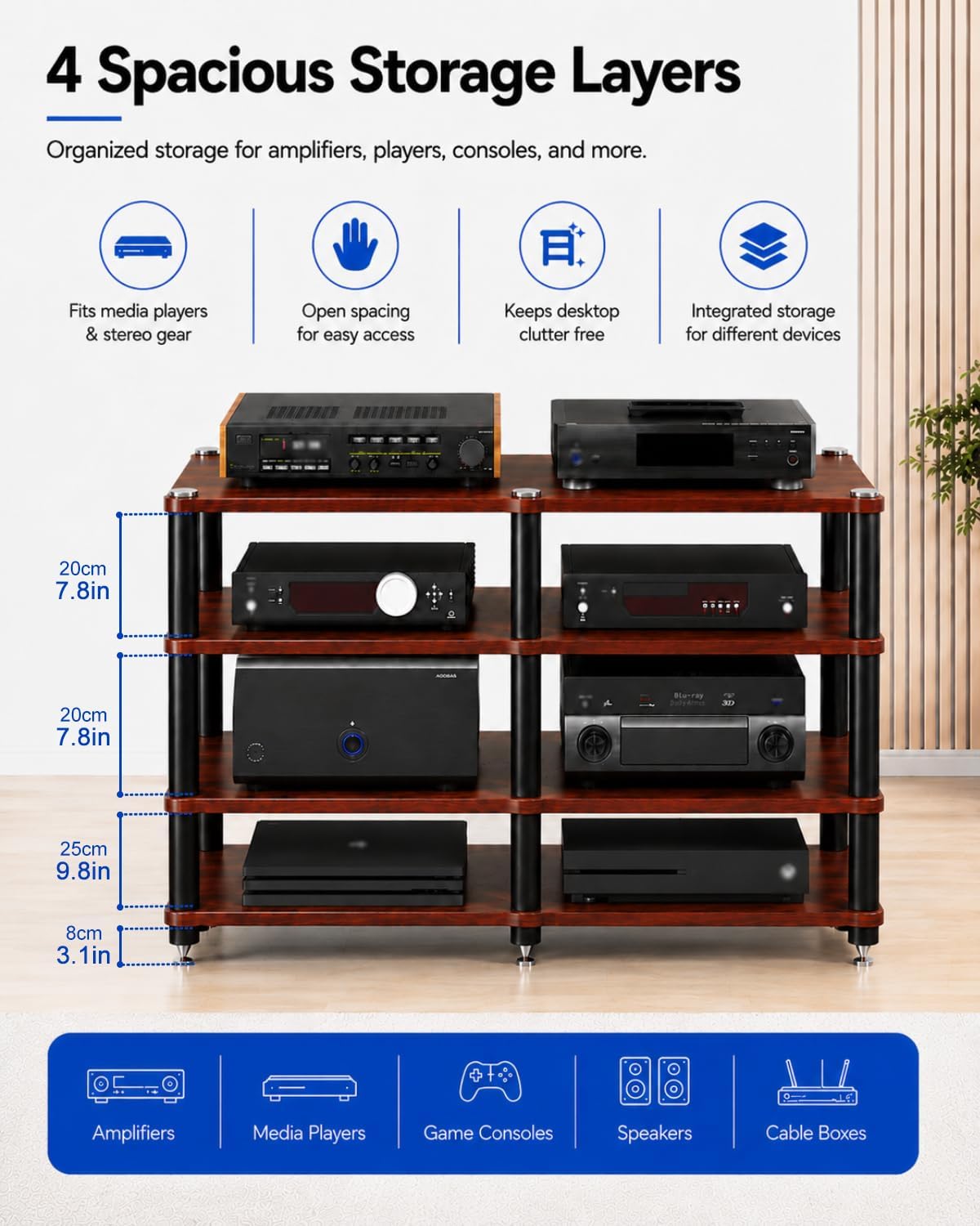 4 Tier Heavy Duty AV Media Stand, Stereo Stands and Racks, Teak