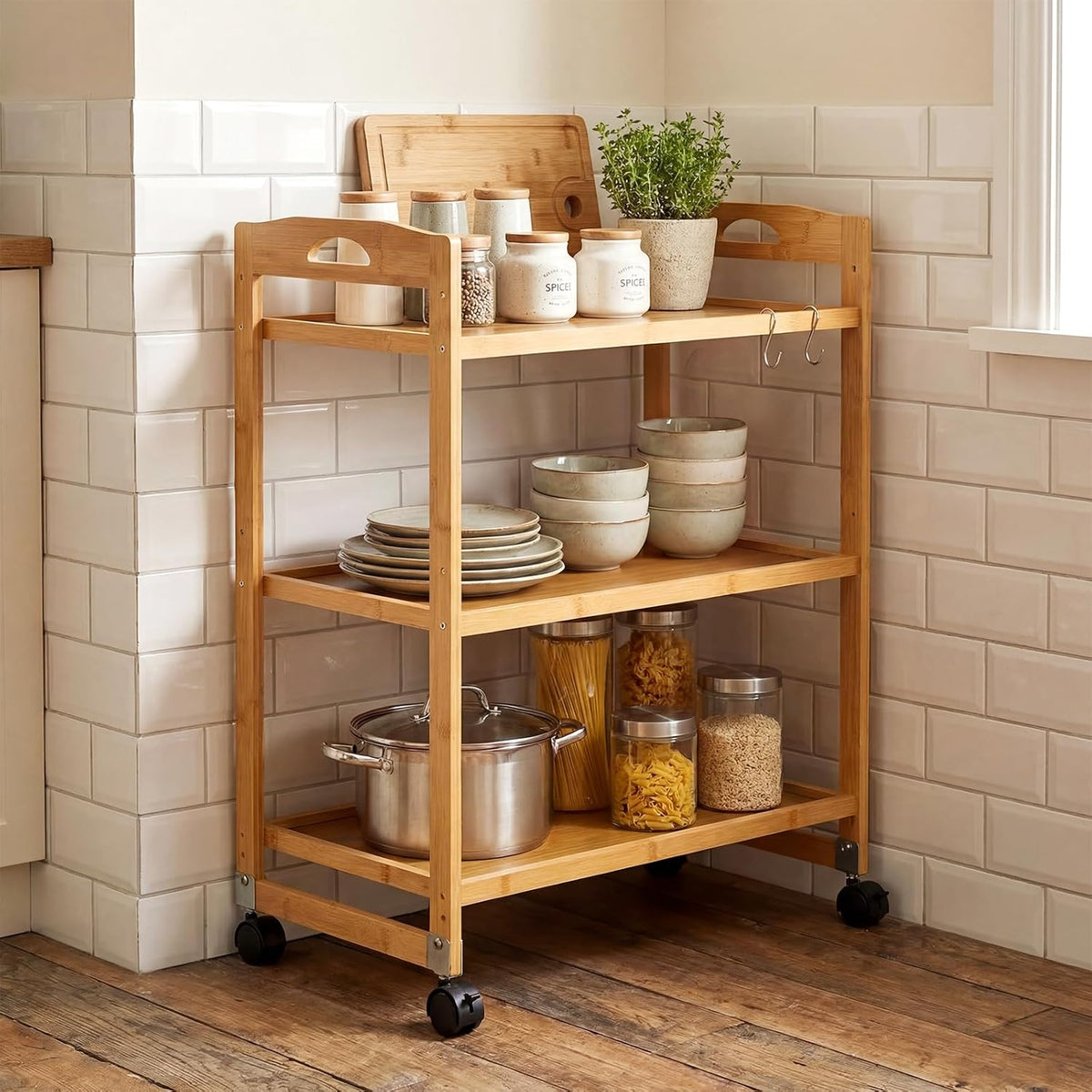 GIANTEX 3-Tier Rolling Storage Cart, Bamboo Utility Cart w/ 3 Side Hooks &...