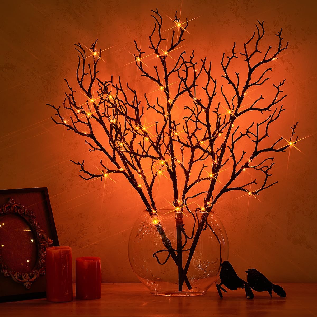 Fudios Lighted Halloween Branches with Timer Orange Fairy Lights 21IN 75L,Bat...