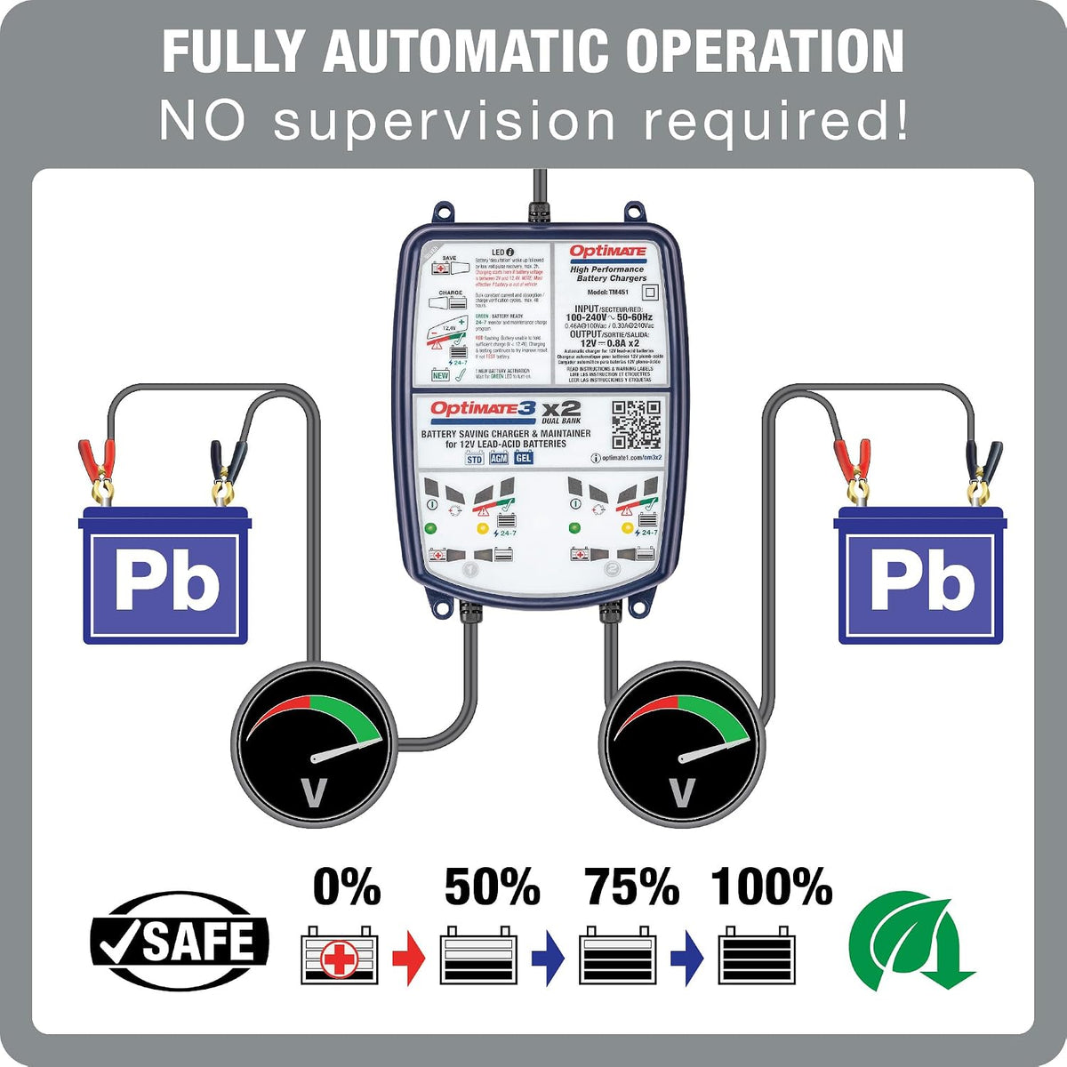 Optimate 3 Dual Bank, TM-451, 7-Step 2x12V 0.8A Sealed Battery Saving Charger...