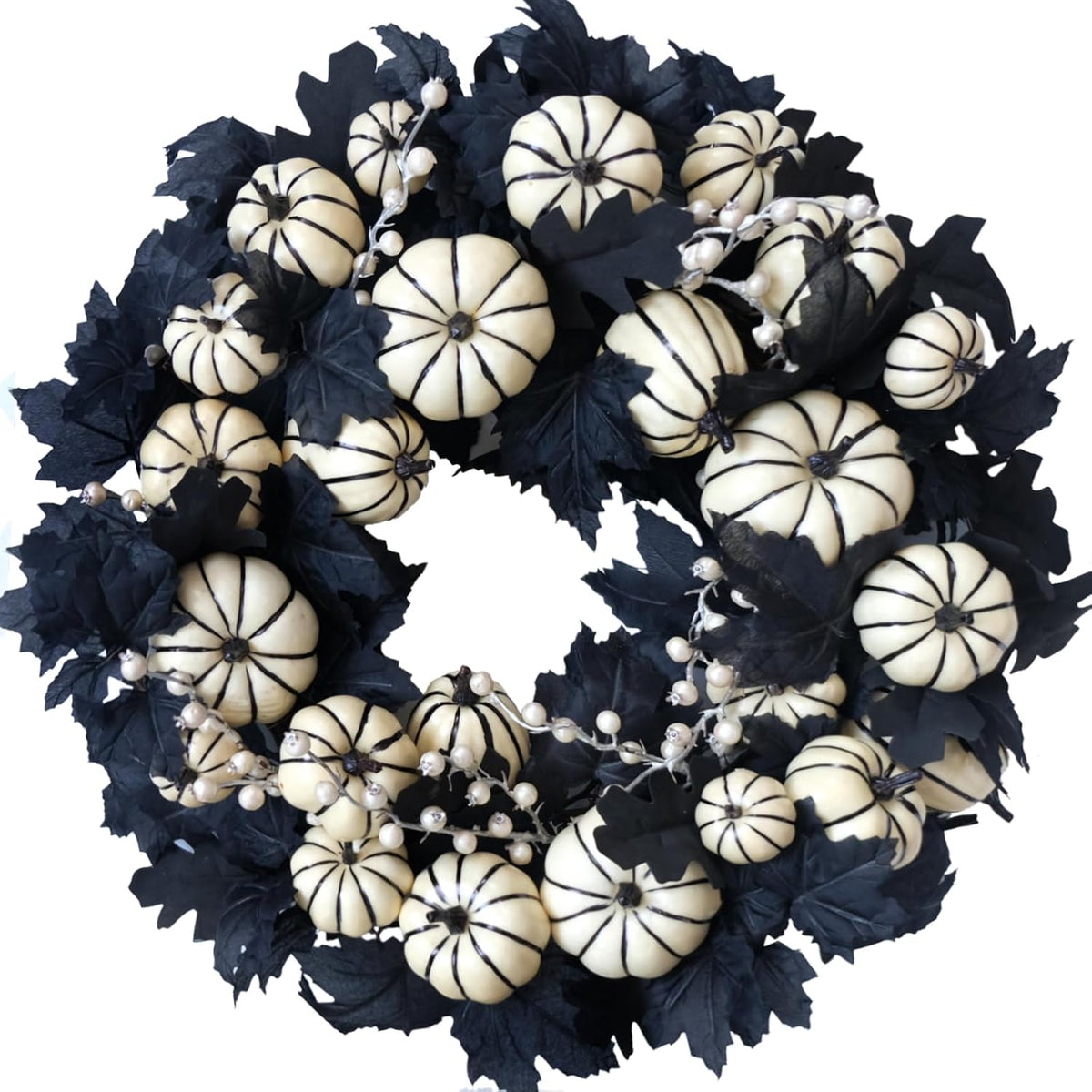22inch Halloween Wreath Black Maple Leaf Wreaths White Pumpkin Wreath Holiday...