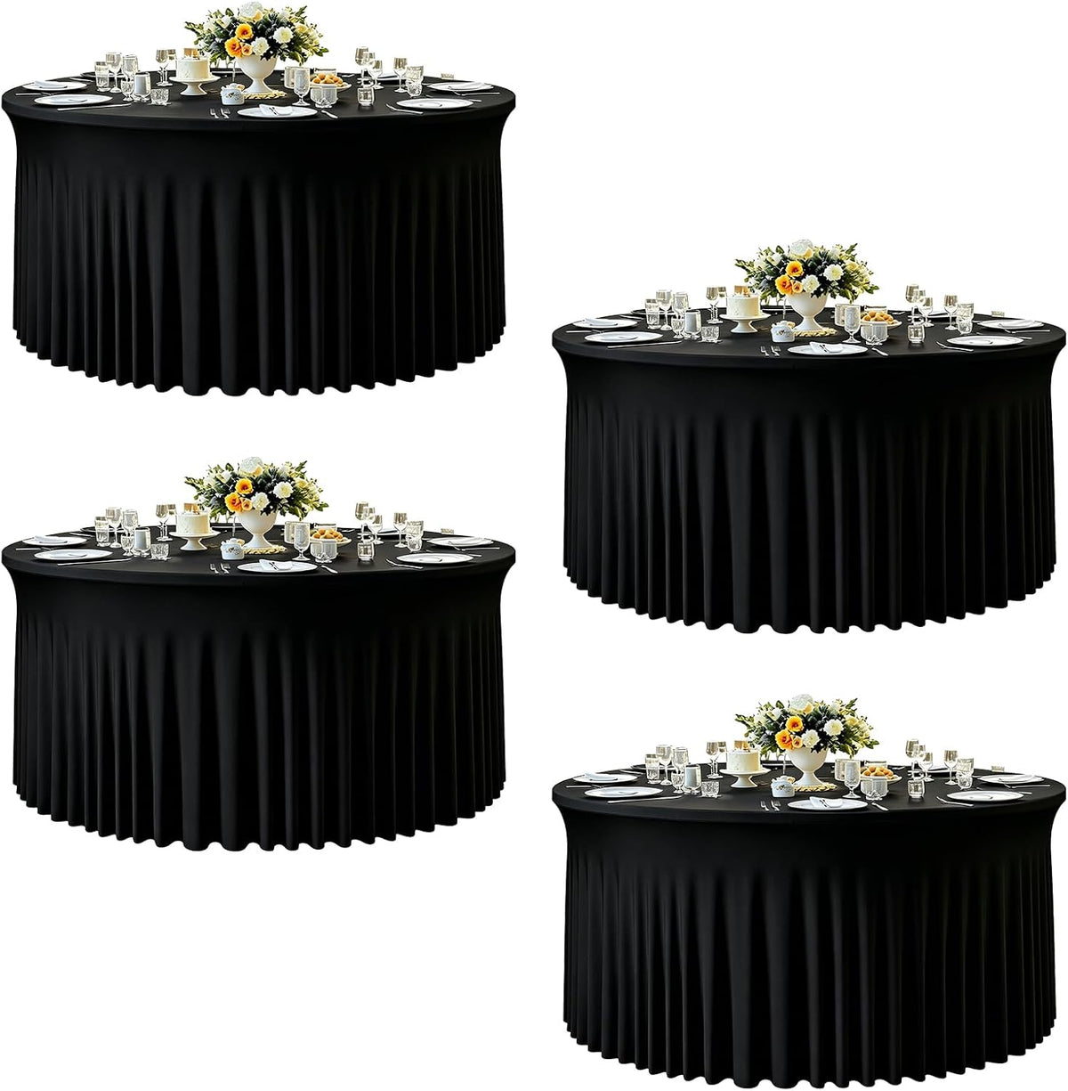 4 Pack 132 Inch Black Round Tablecloth, Fitted Tablecloths for 6FT Round Tabl...