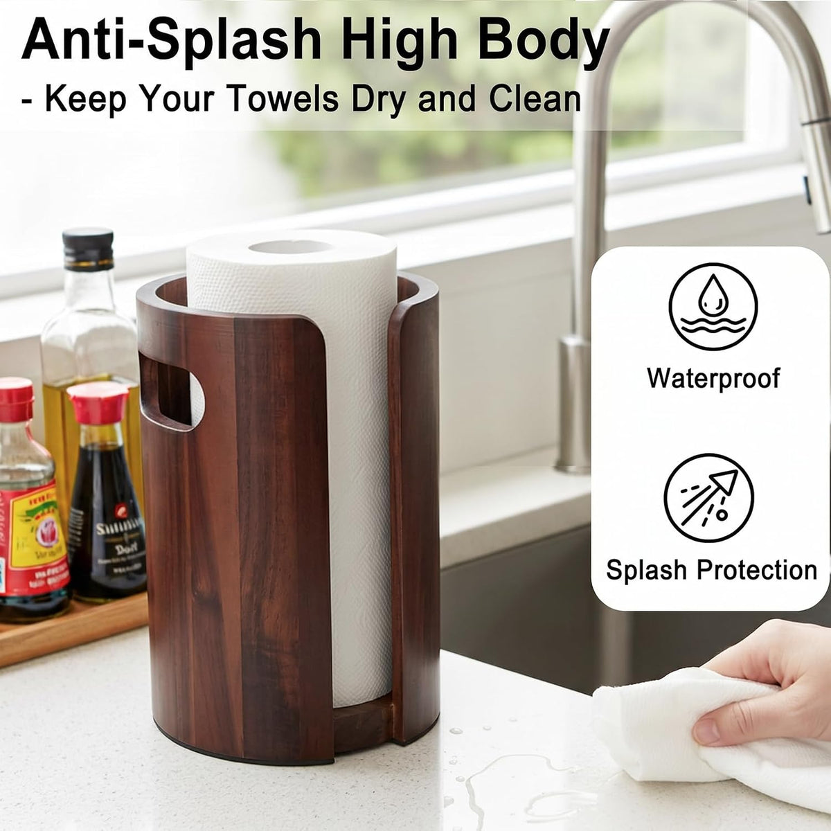 Acacia Wood Paper Towel Holder for Kitchen Countertop with Splash Guard