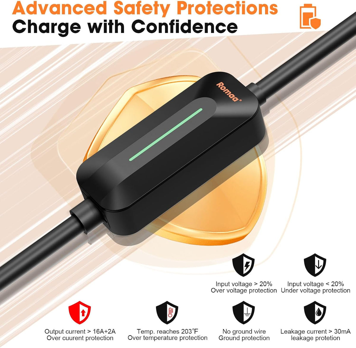 Romaa 16A Portable EV Charger Level 1, J1772 Charger, NEMA 6-20 Plug