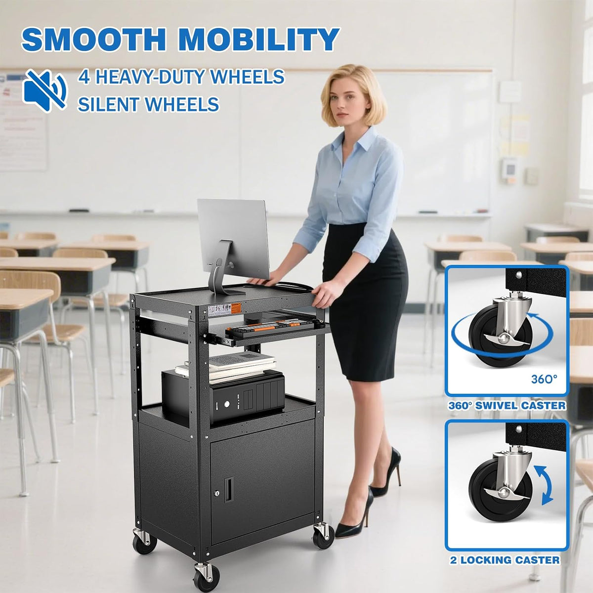 POCHAR Steel Large AV Cart with Locking Cabinet - Adjustable Height Media Car...
