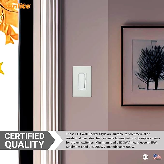 Sunlite LED Wall Rocker Style, Slide Bar Triac Dimmer Switch, Screwless Wall - Image 6
