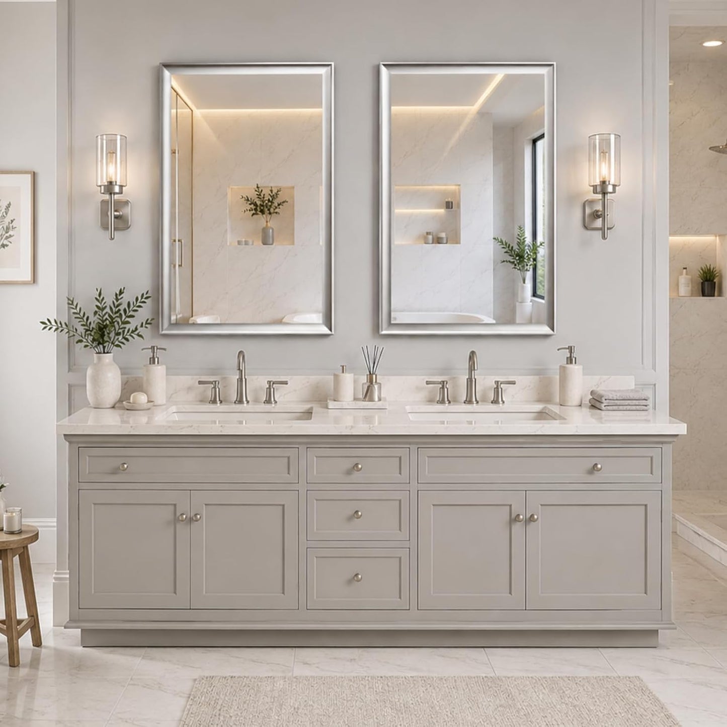 2 Pack Brushed Nickel Bathroom Mirrors 24x36 Inch | Silver Rectangle Vanity Mirror for Bedroom, Entryway, Living Room Decor, Aluminum Framed, Curved Wide Edge, Anti-Rust