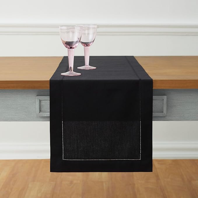 Solino Home Black Table Runner 48 Inches - Cotton Linen Hemstitch Coffee Tabl...