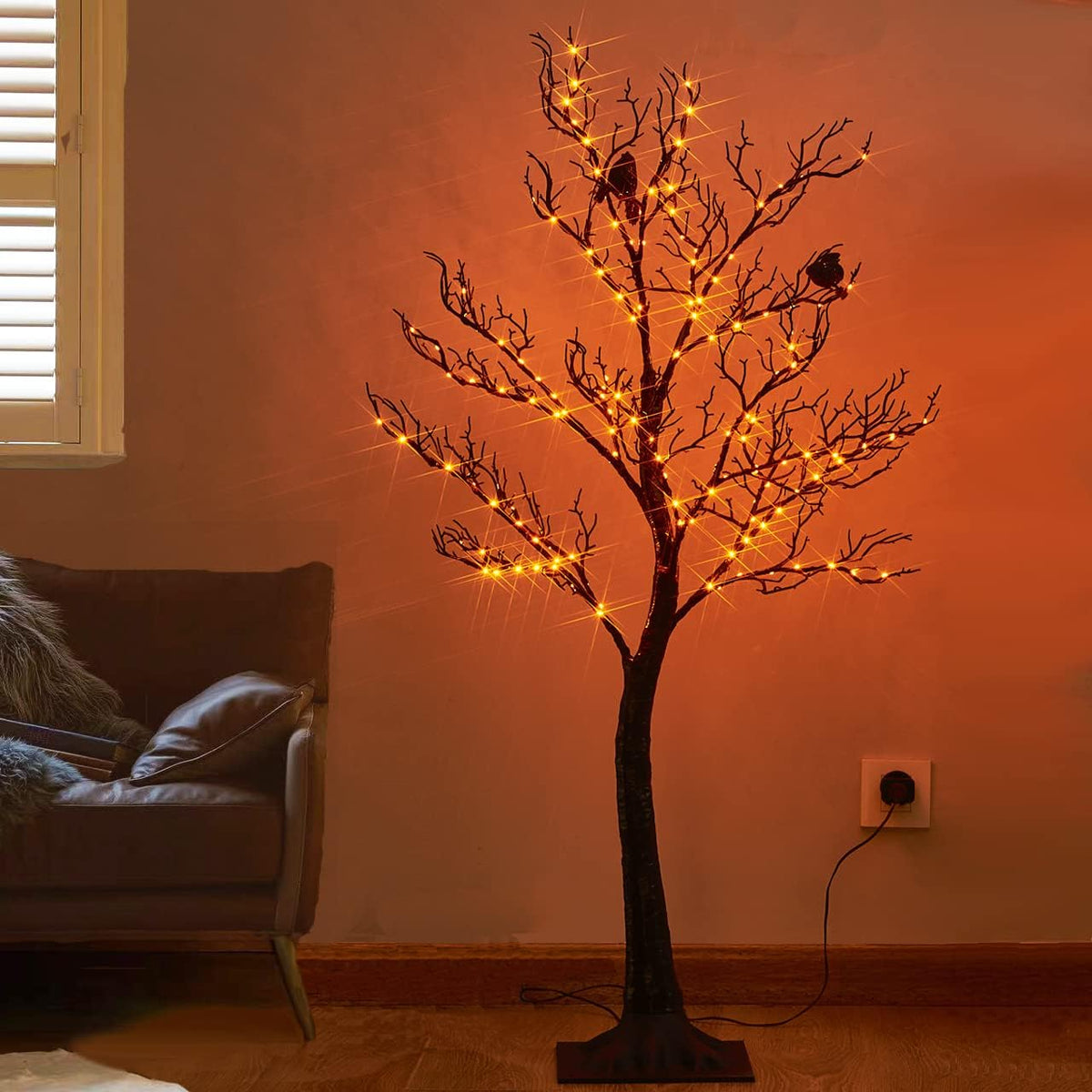 Hairui Lighted Halloween Tree with 150 Orange Fairy Lights 4FT, Spooky Black ...
