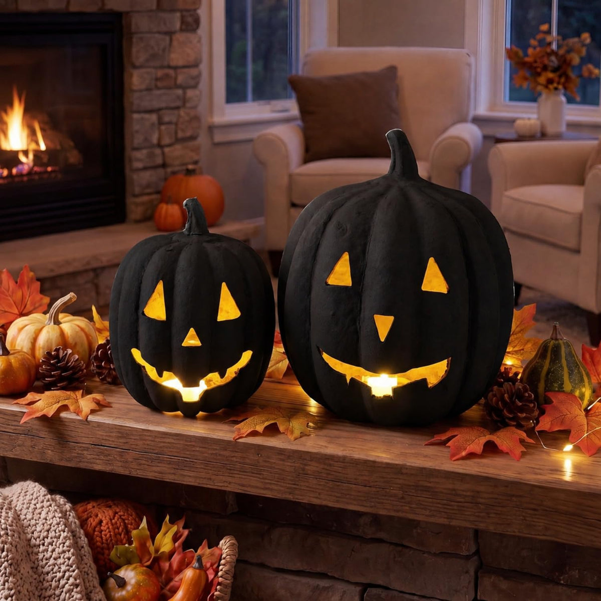 Tenceur 2 Pack Halloween Paper Mache Jack O' Lanterns Pumpkin Indoor, Black