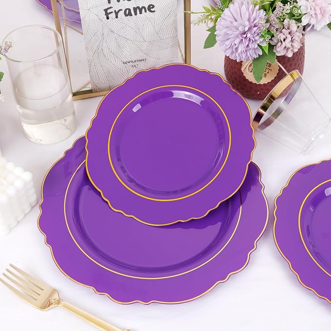 Liacere 350PCS Purple Plastic Plates-Disposable Purple and Gold Plates 50 gue...