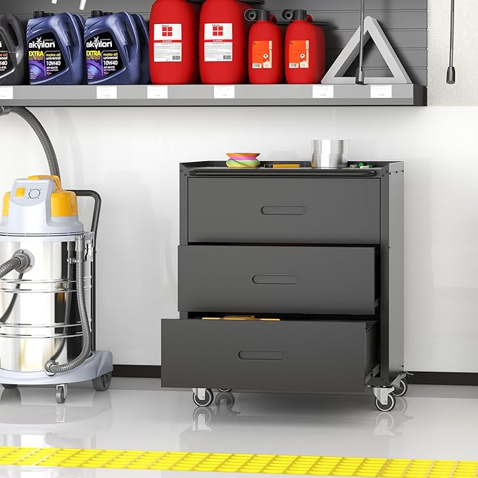 Metal Storage Cabinet with Wheels, Garage Storage Cabinet with 3 Drawers - Image 6
