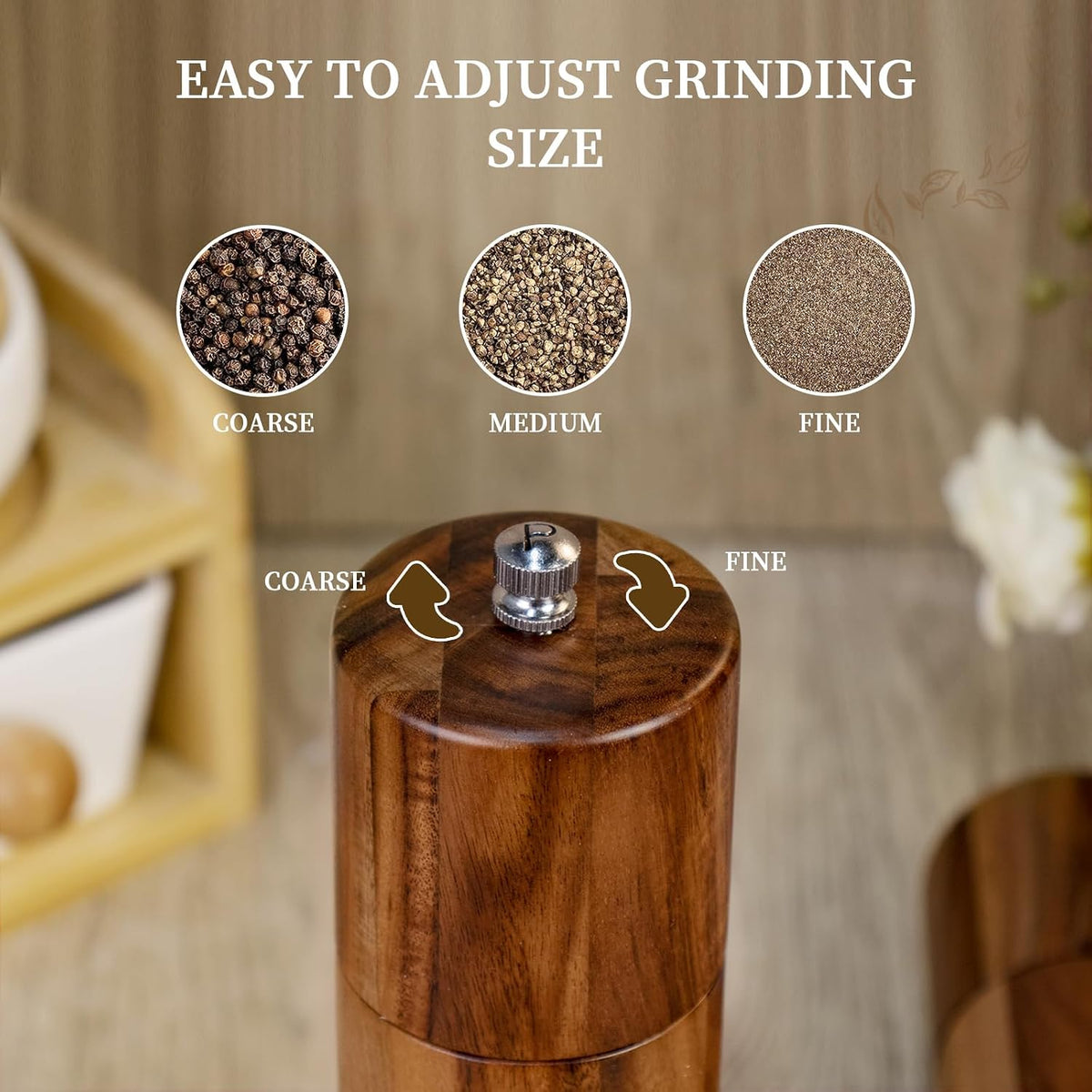 XWXO 2 Pack Acacia Wooden Salt and Pepper Grinder Set 8 Inches Refillable