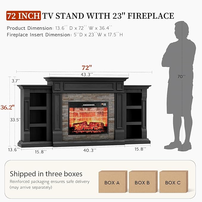 LGHM 72" Fireplace TV Stand for TVs Up to 80 Inch, Electric Fireplace - Image 9