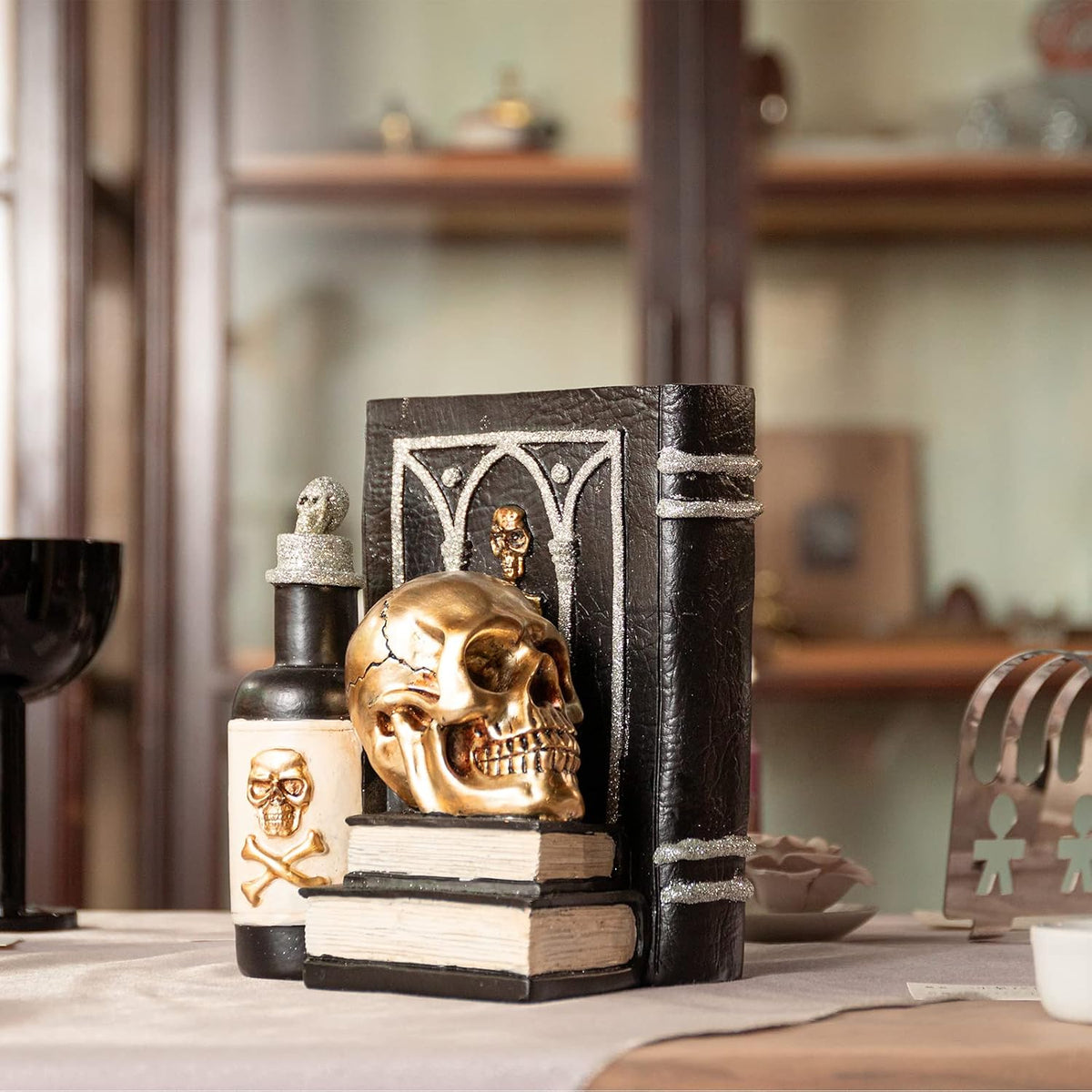 Halloween Skull Figurine, Gothic Book & Potion Bottle Indoor Tabletop Decor